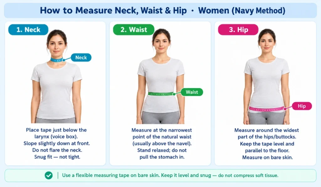 Tape measure positions for the Navy body fat method